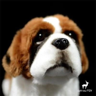 Zoom sur la tĂȘte de la Peluche rĂ©aliste chien Saint-Bernard