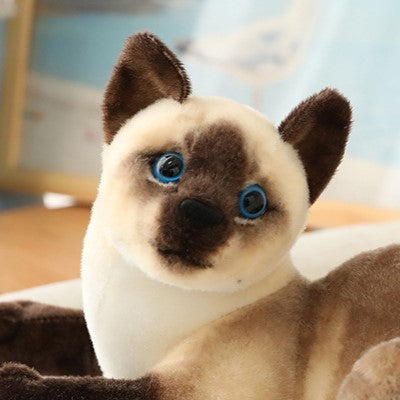 Zoom sur la tête de la peluche réaliste du chat siamois